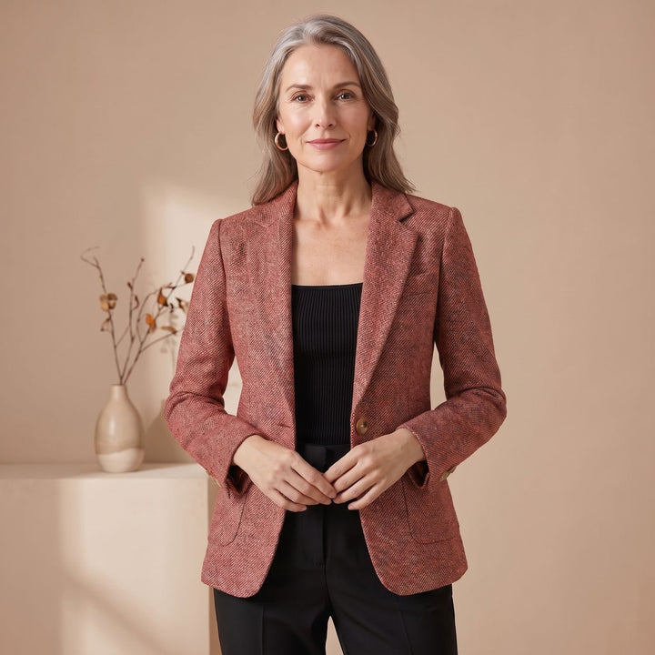 Women's Tailored Single-Button Wool Blend Notch Lapel Blazer - Red