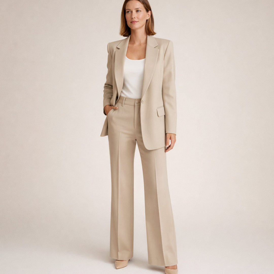 Women's Tailored Wide-Leg Flare Pant Blazer Two-Piece Suit - Beige