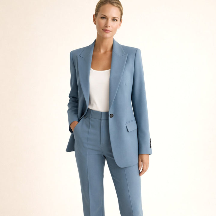 Women's Tailored Wide-Leg Flare Pant Blazer Two-Piece Suit - Navy Blue