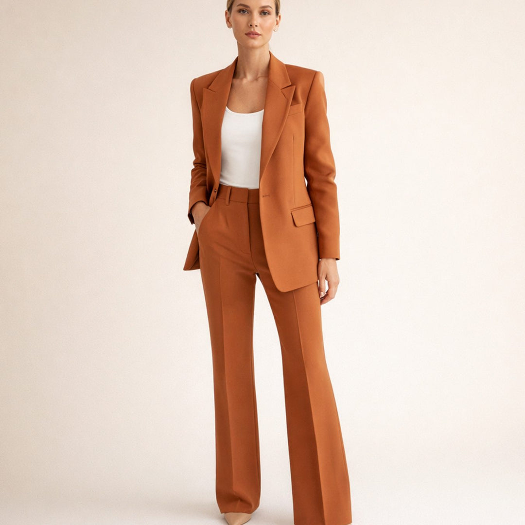 Women's Tailored Wide-Leg Flare Pant Blazer Two-Piece Suit - Brown