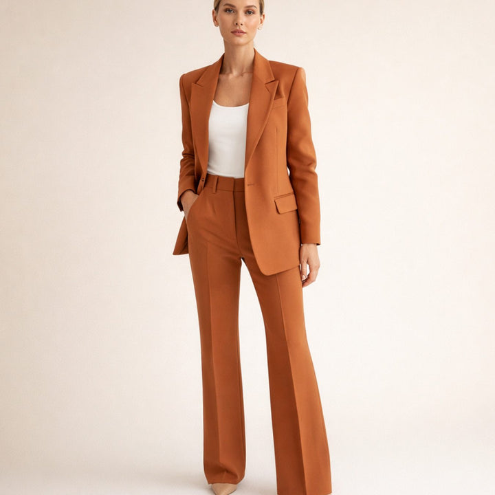 Women's Tailored Wide-Leg Flare Pant Blazer Two-Piece Suit - Brown