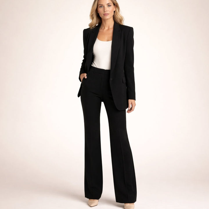 Women's Tailored Wide-Leg Flare Pant Blazer Two-Piece Suit - Black