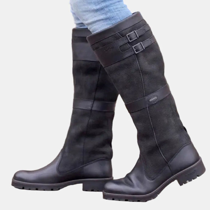 Women's Tall Buckle-Strap Knee High Leather Boots - Black