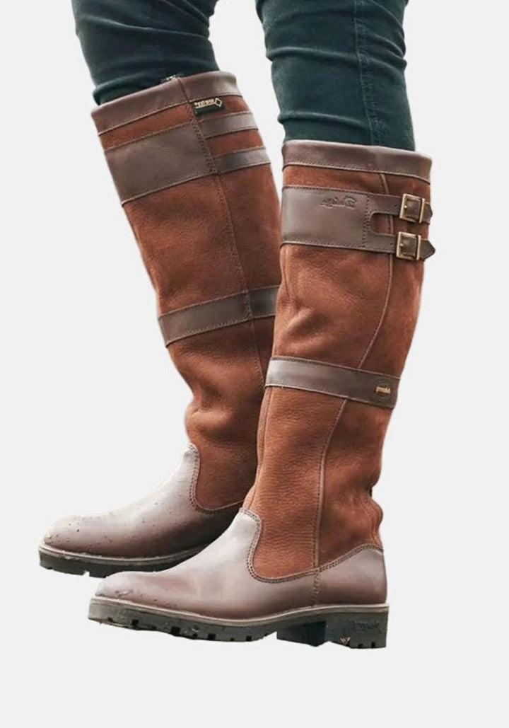 Women's Tall Buckle-Strap Knee High Leather Boots - Bronze