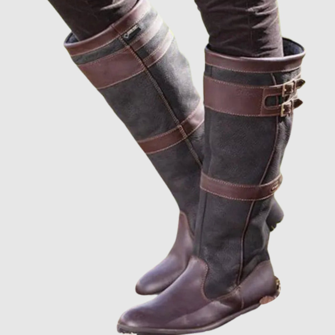 Women's Tall Buckle-Strap Knee High Leather Boots - Dark Brown