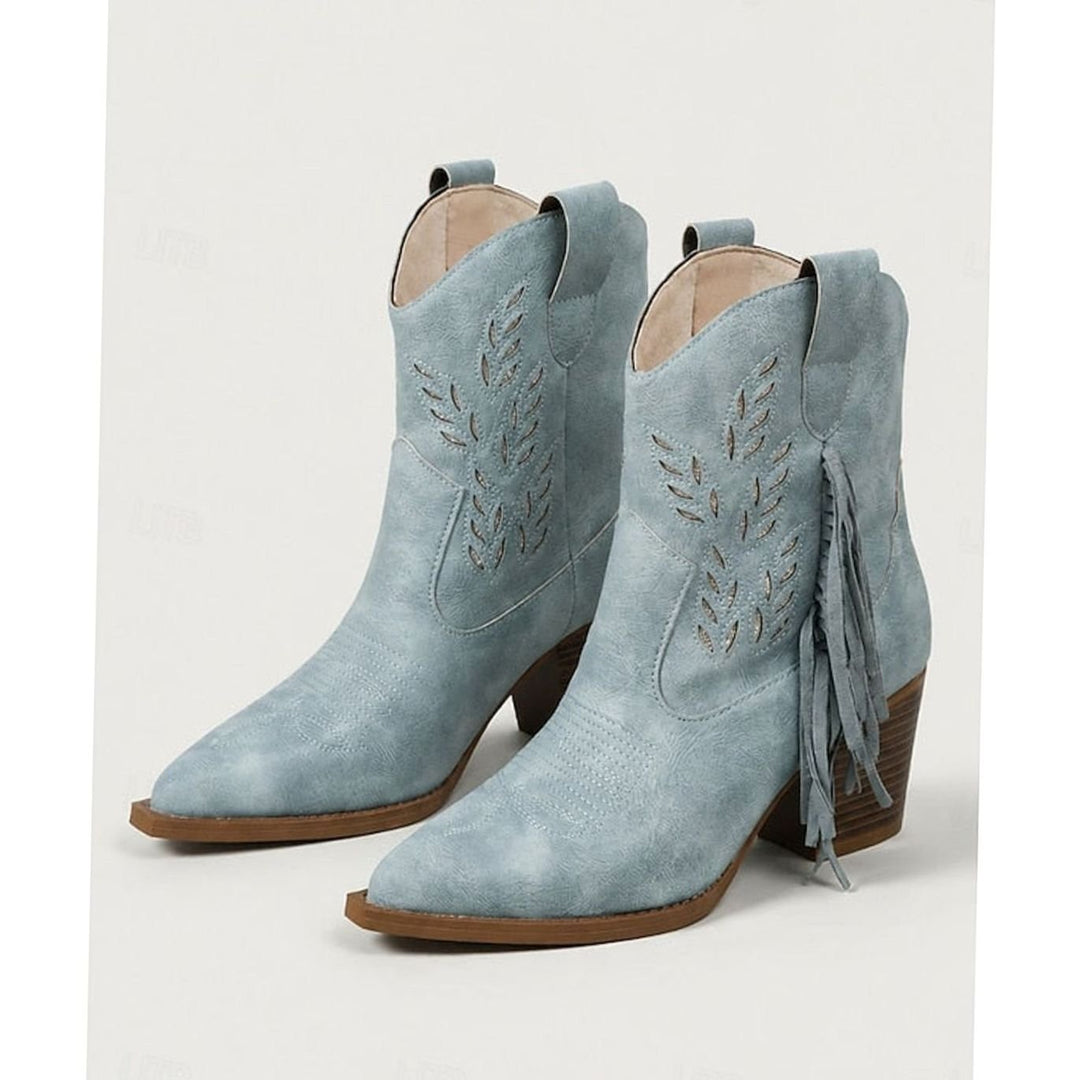 Women's Tasseled Western Ankle Boots Block Heel Pointed Toe - Blue