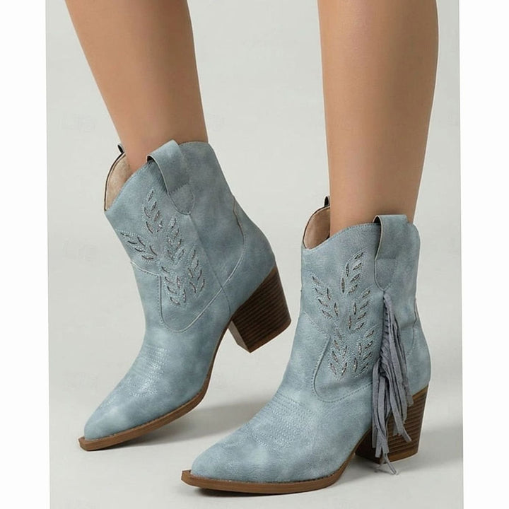 Women's Tasseled Western Ankle Boots Block Heel Pointed Toe