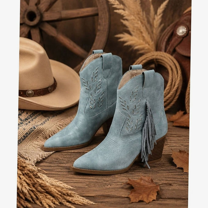 Women's Tasseled Western Ankle Boots Block Heel Pointed Toe