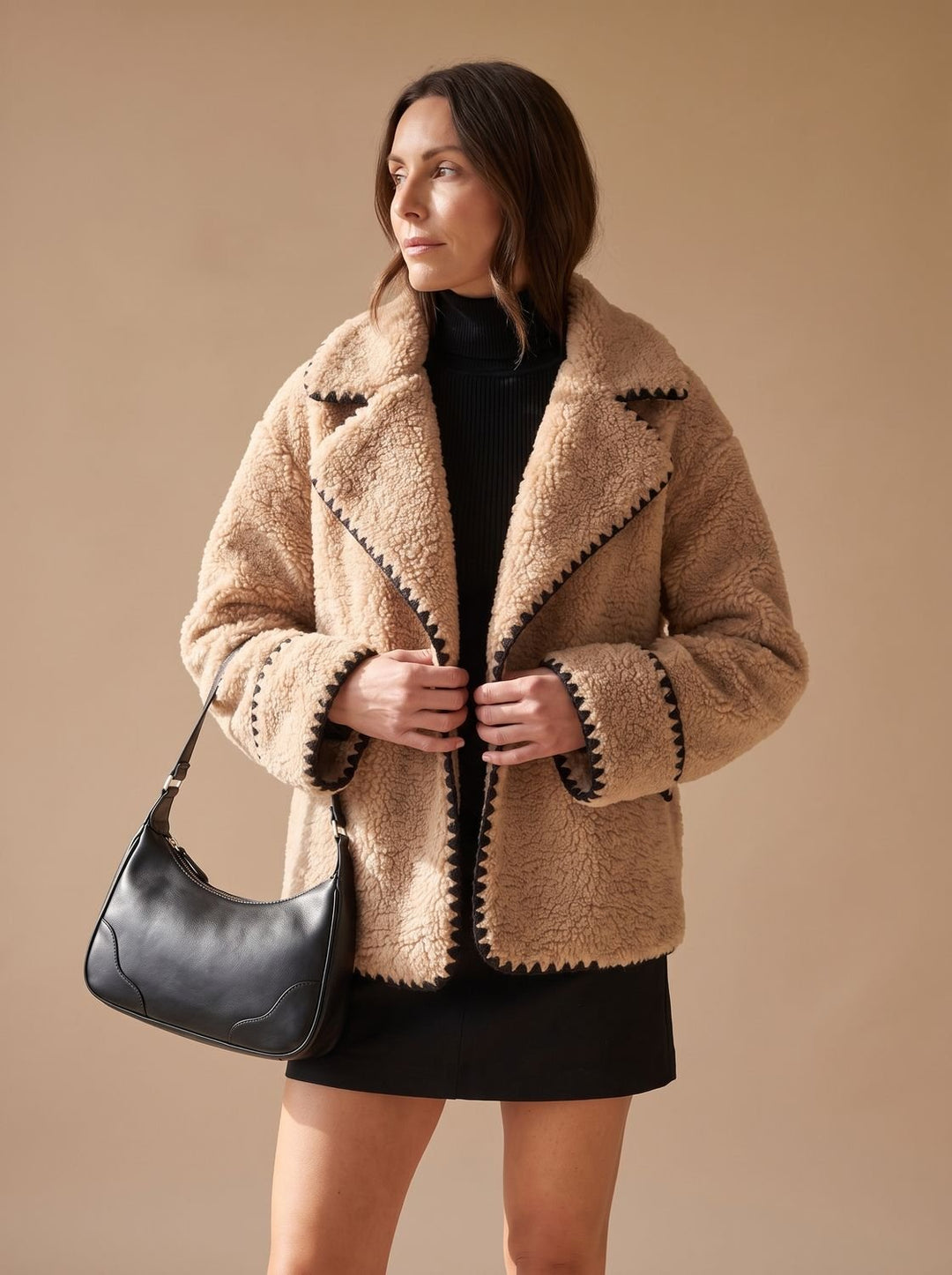 Women's Teddy Faux Fur Coat Contrast-Trim Lapel Fleece Jacket