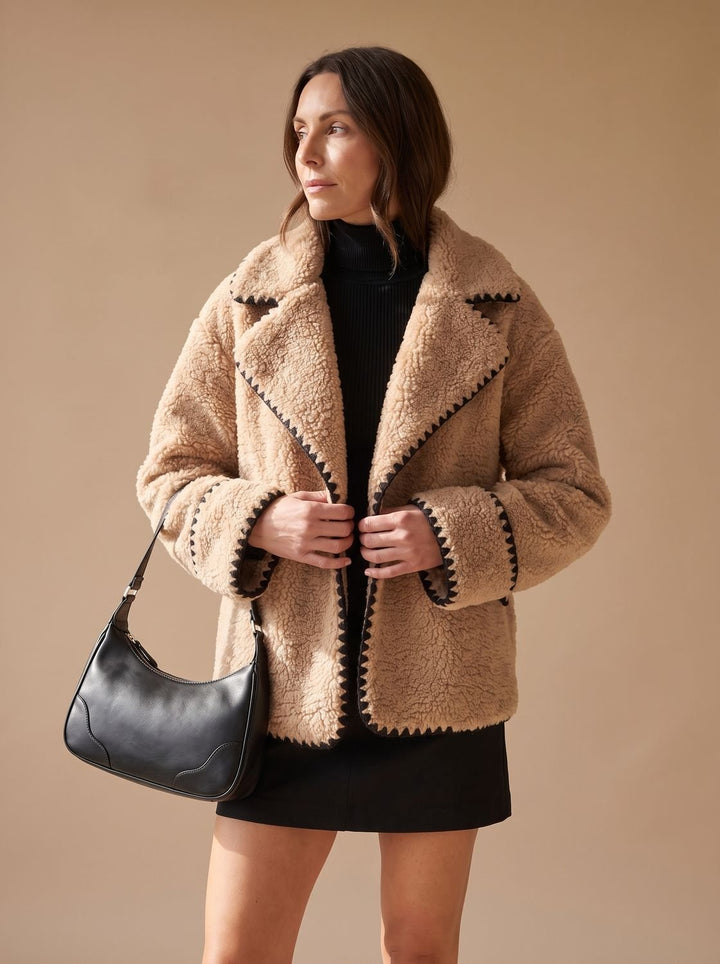 Women's Teddy Faux Fur Coat Contrast-Trim Lapel Fleece Jacket