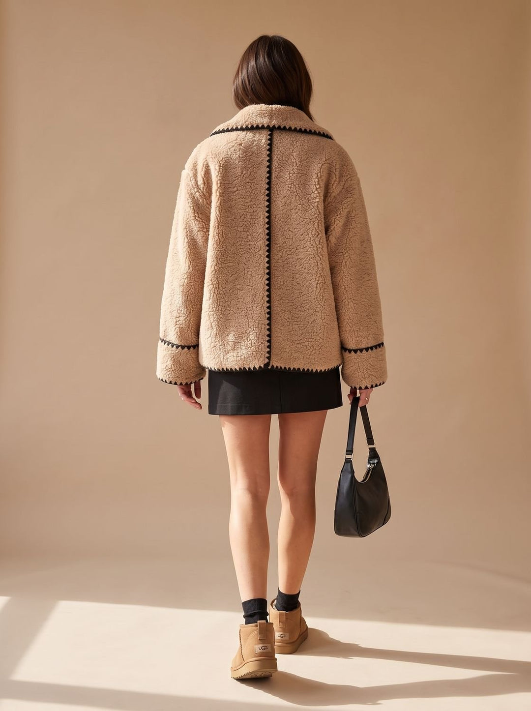 Women's Teddy Faux Fur Coat Contrast-Trim Lapel Fleece Jacket