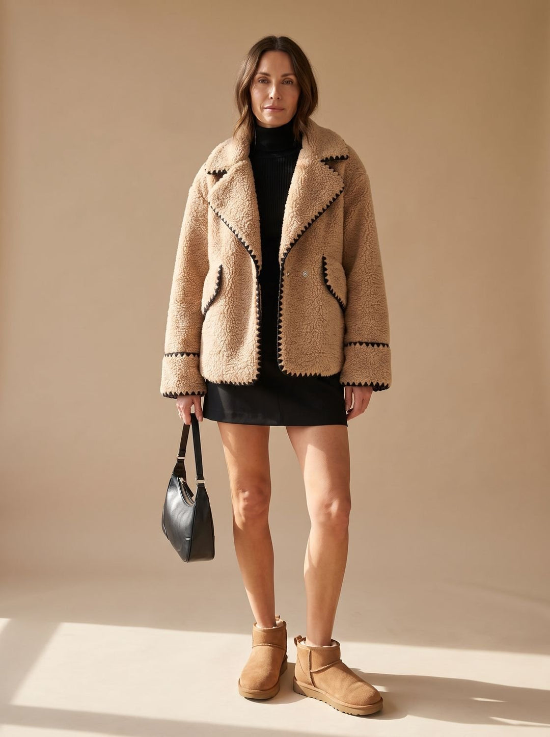 Women's Teddy Faux Fur Coat Contrast-Trim Lapel Fleece Jacket