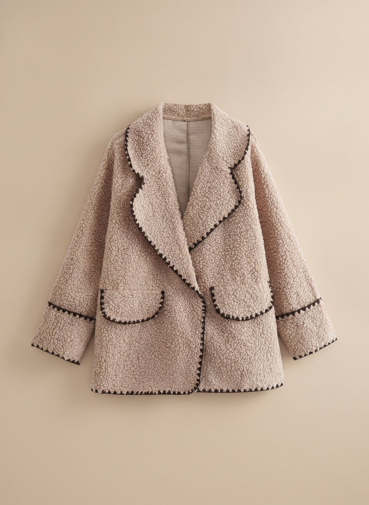 Women's Teddy Faux Fur Coat Contrast-Trim Lapel Fleece Jacket - Khaki