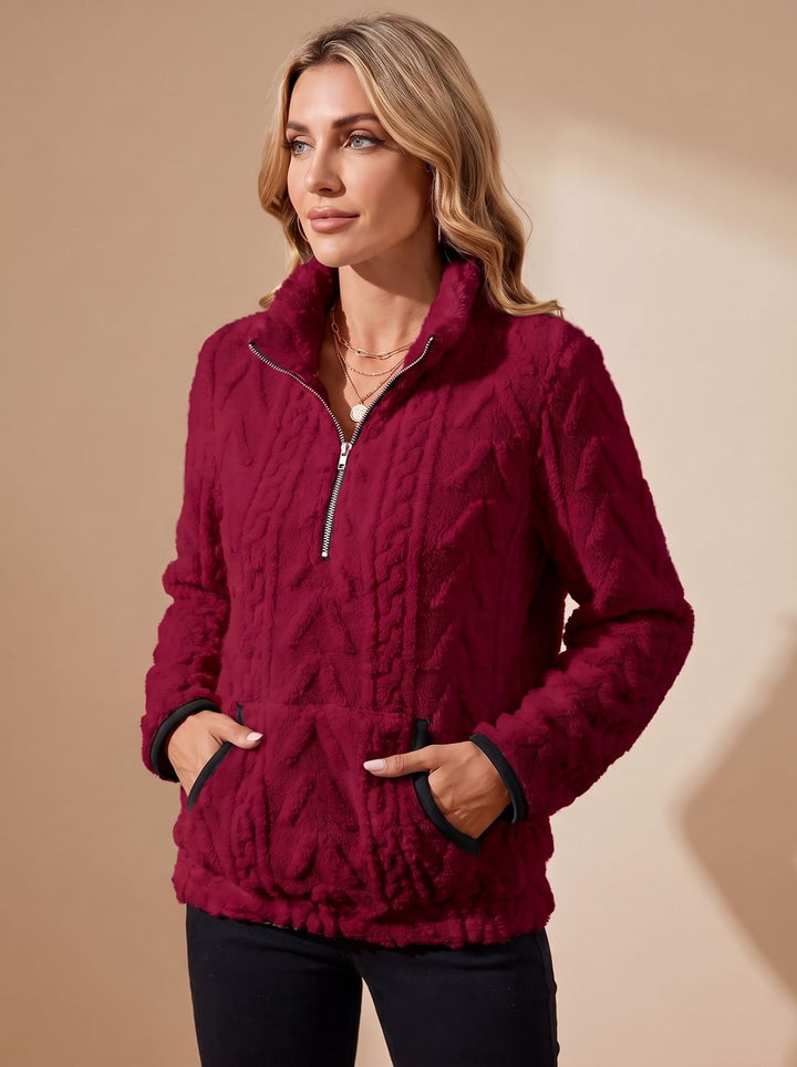 Women's Textured Fleece Half-Zip Kangaroo Pocket Pullover Sweater - Burgundy