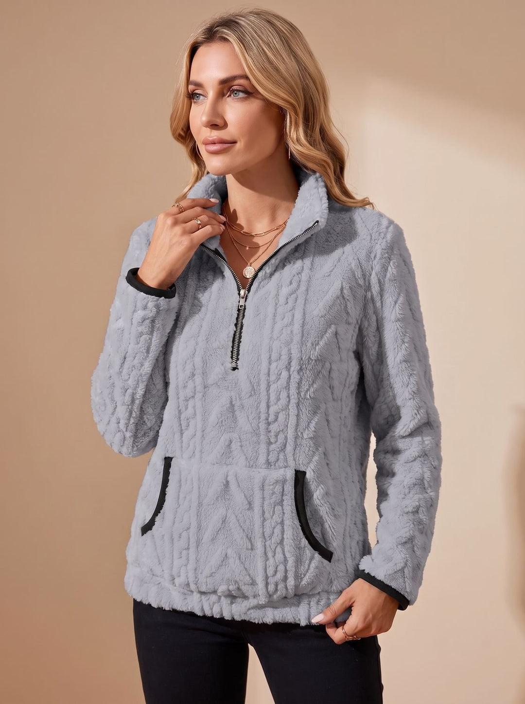 Women's Textured Fleece Half-Zip Kangaroo Pocket Pullover Sweater - Grey