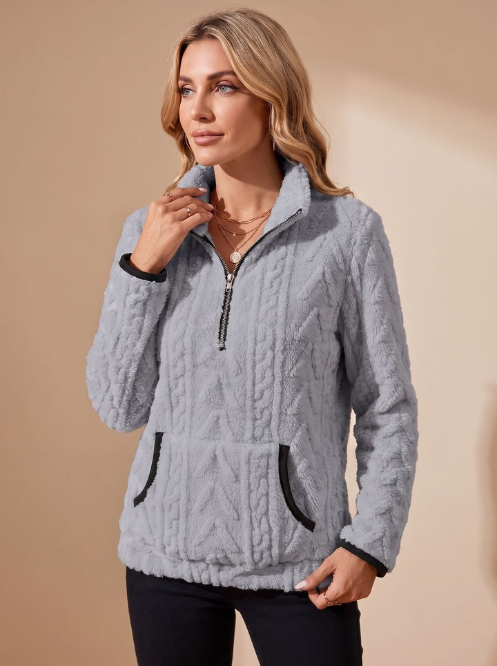 Women's Textured Fleece Half-Zip Kangaroo Pocket Pullover Sweater - Grey