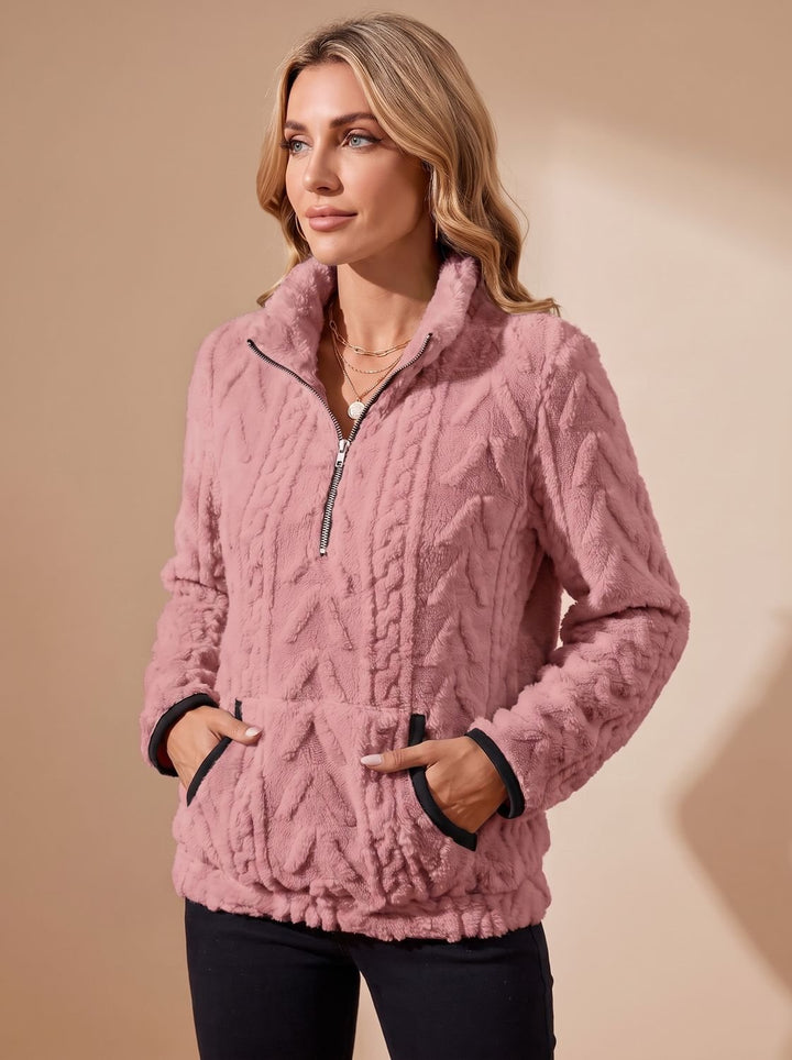 Women's Textured Fleece Half-Zip Kangaroo Pocket Pullover Sweater - Pink