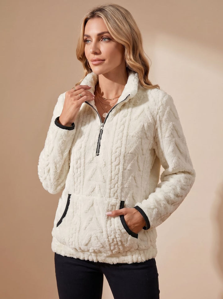 Women's Textured Fleece Half-Zip Kangaroo Pocket Pullover Sweater - White