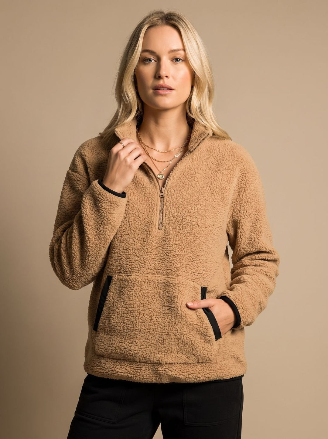 Women's Textured Fleece Half-Zip Kangaroo Pocket Pullover Sweater - Khaki