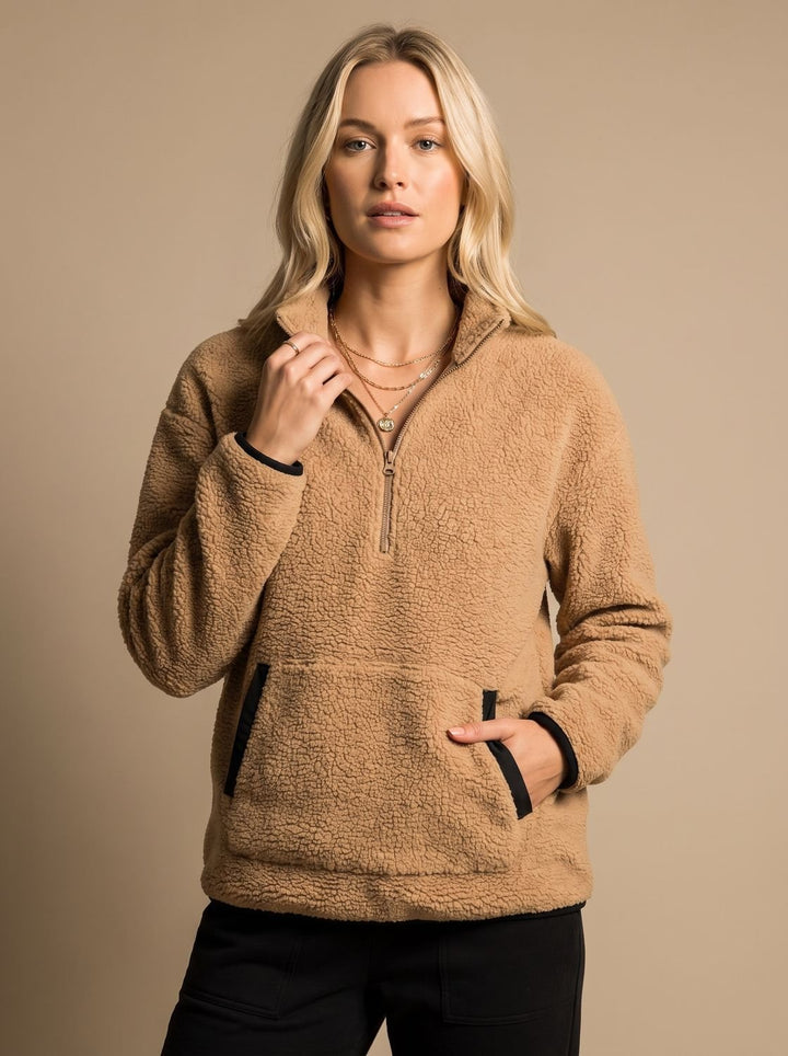 Women's Textured Fleece Half-Zip Kangaroo Pocket Pullover Sweater - Khaki