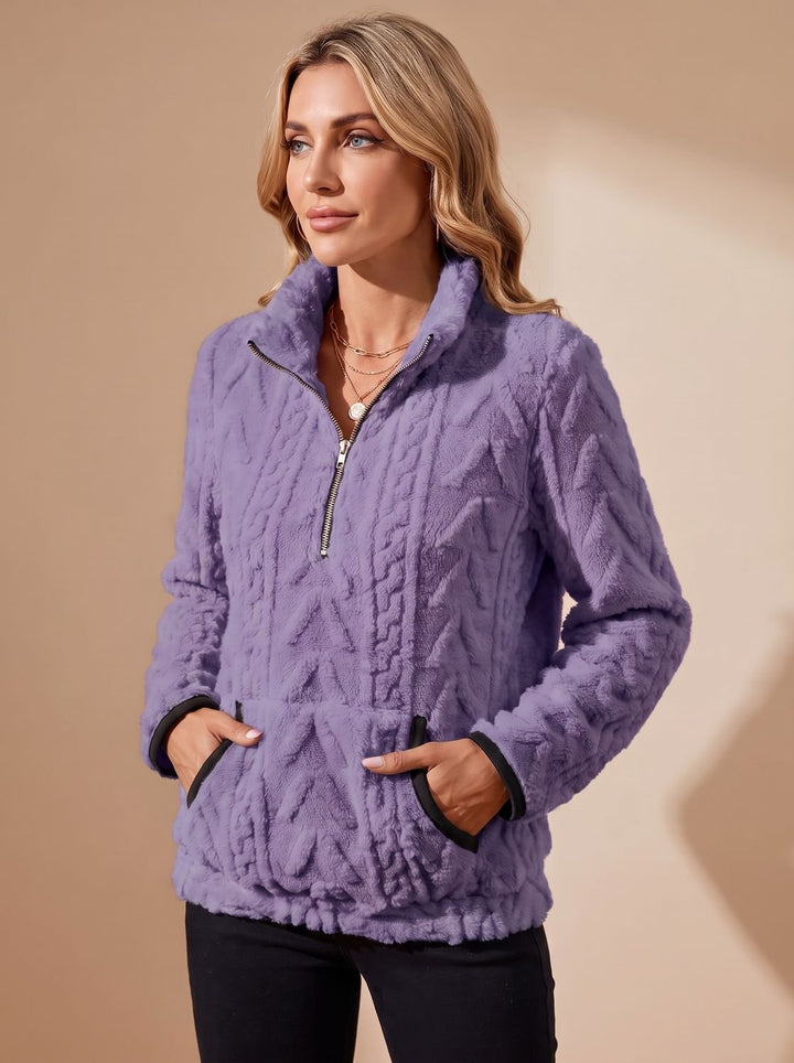 Women's Textured Fleece Half-Zip Kangaroo Pocket Pullover Sweater - Purple
