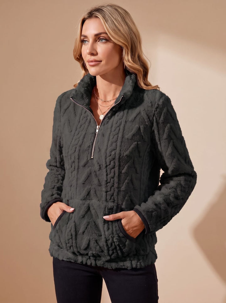 Women's Textured Fleece Half-Zip Kangaroo Pocket Pullover Sweater - Dark Gray