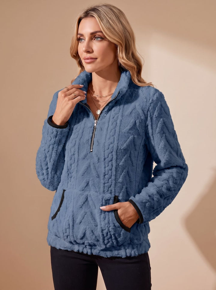 Women's Textured Fleece Half-Zip Kangaroo Pocket Pullover Sweater - Blue