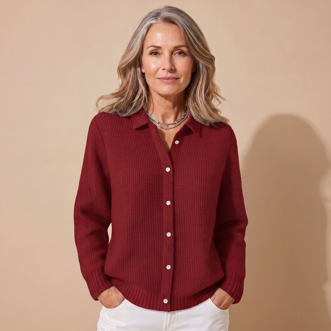 Women's Textured Knit Button-Down Relaxed Cardigan - Wine Red