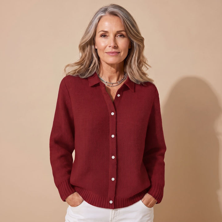 Women's Textured Knit Button-Down Relaxed Cardigan - Wine Red