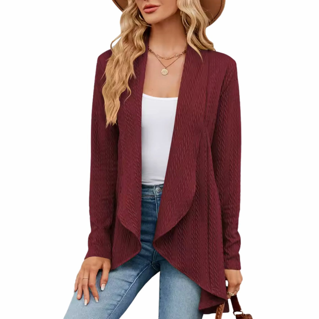 Women's Textured Open-Front Long Sleeve Draped Cardigan - Red