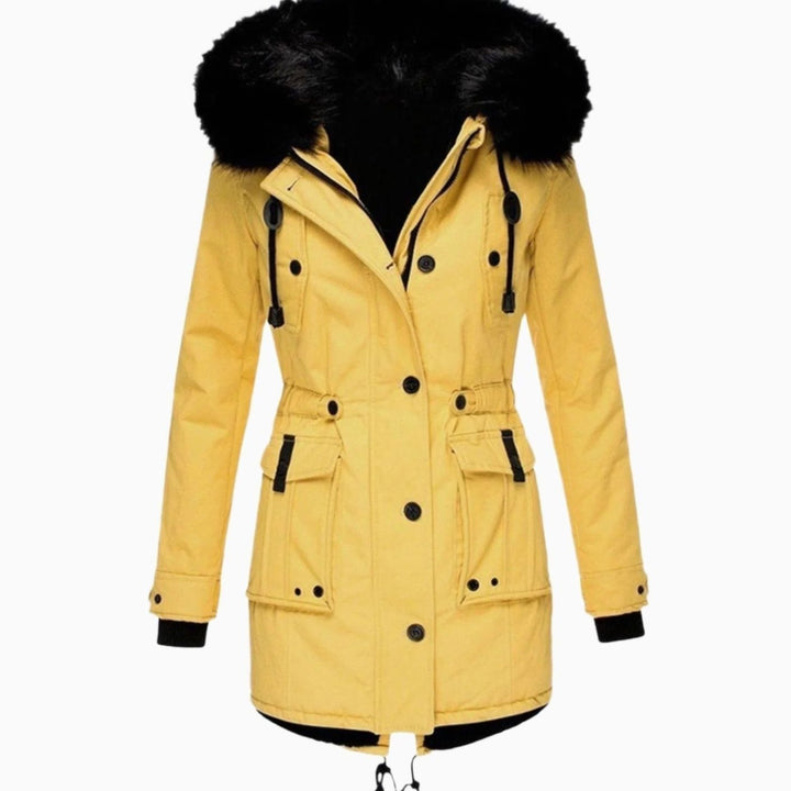 Women's Thick Hooded Faux Fur Trim Winter Parka Coat - Yellow