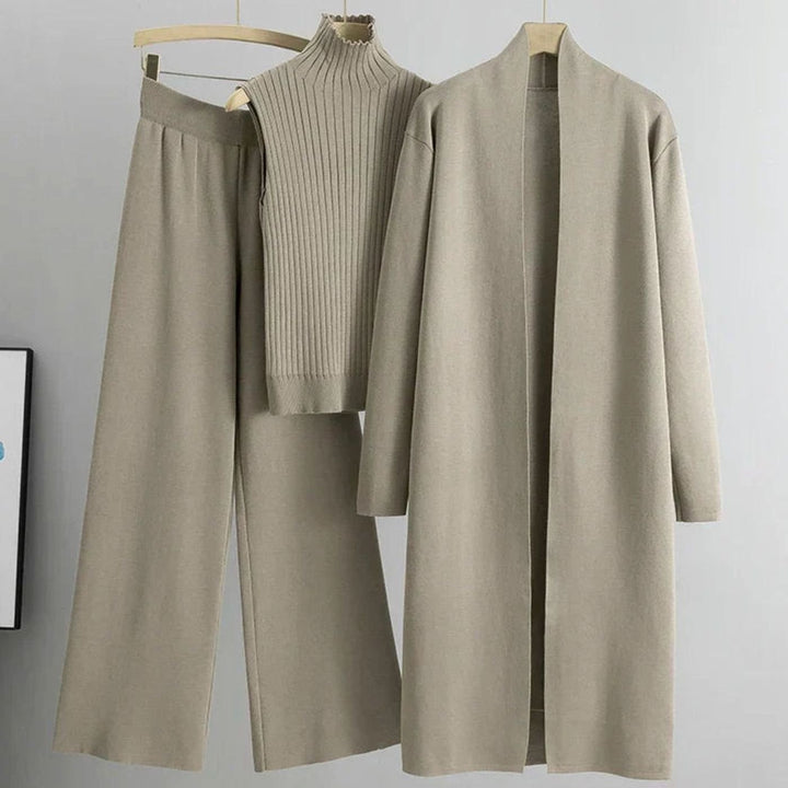 Women's Three-Piece Cardigan Wide-Leg Pants Ribbed Top Knit Set - Light Beige