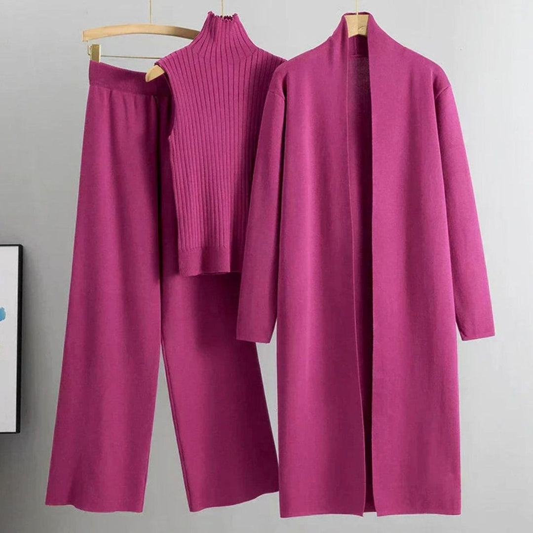 Women's Three-Piece Cardigan Wide-Leg Pants Ribbed Top Knit Set - Pink