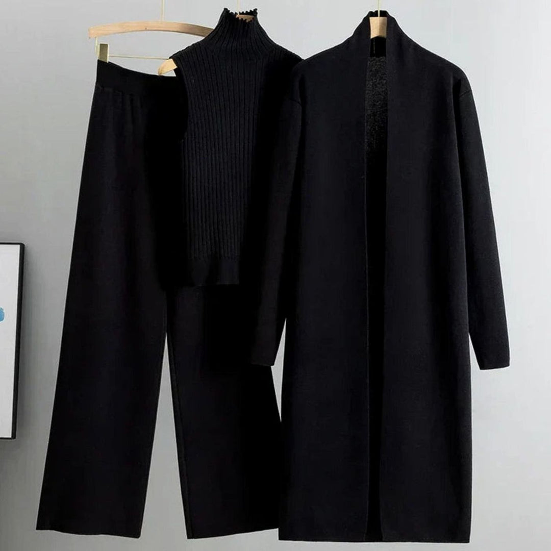 Women's Three-Piece Cardigan Wide-Leg Pants Ribbed Top Knit Set - Black