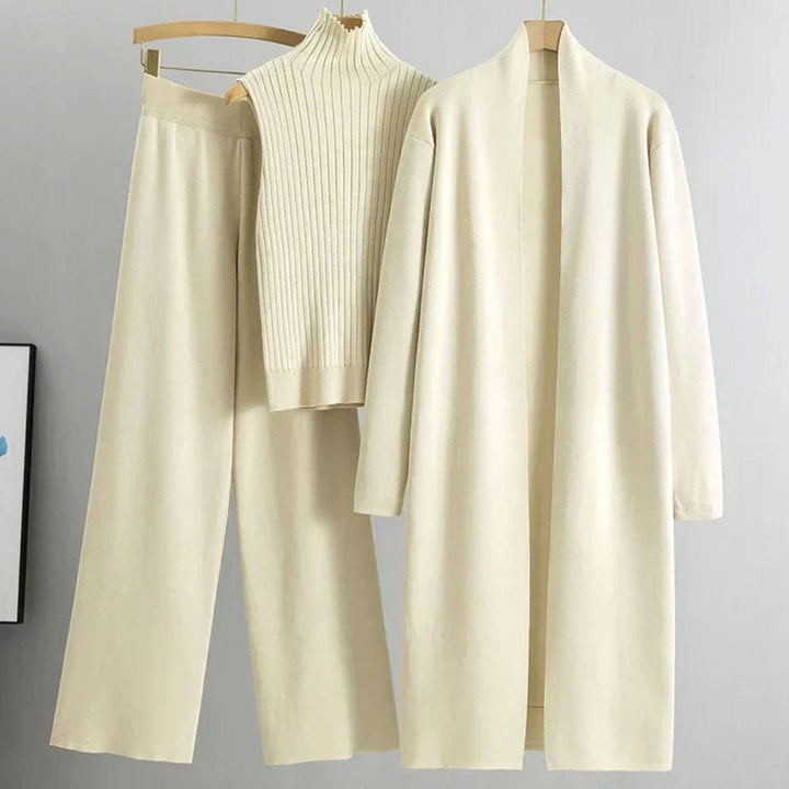 Women's Three-Piece Cardigan Wide-Leg Pants Ribbed Top Knit Set - Beige