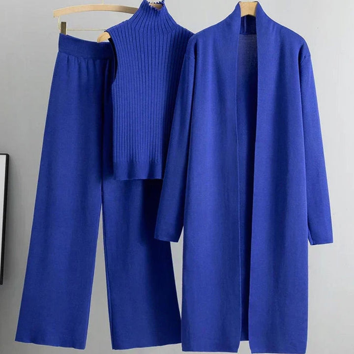 Women's Three-Piece Cardigan Wide-Leg Pants Ribbed Top Knit Set - Blue