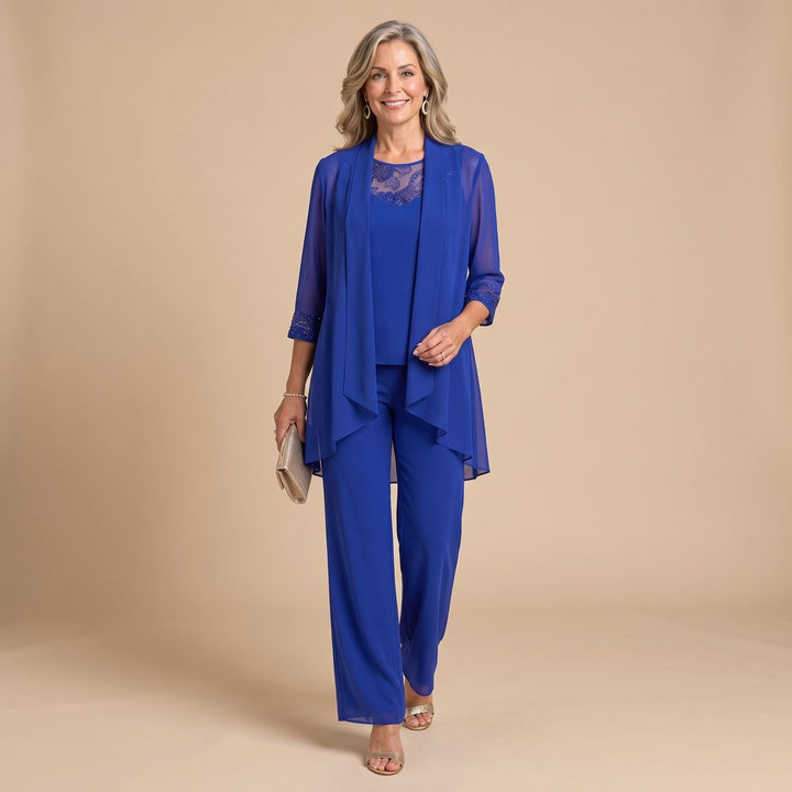 Women's Three-Piece Chiffon Jacket Wide-Leg Pant Two Piece Set - Blue