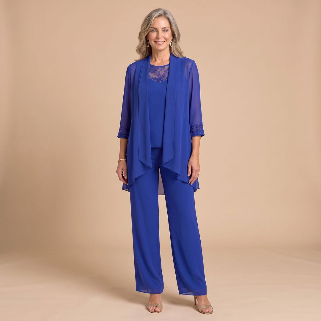 Women's Three-Piece Chiffon Jacket Wide-Leg Pant Two Piece Set