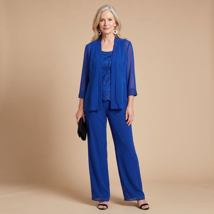 Women's Three-Piece Chiffon Jacket Wide-Leg Pant Two Piece Set