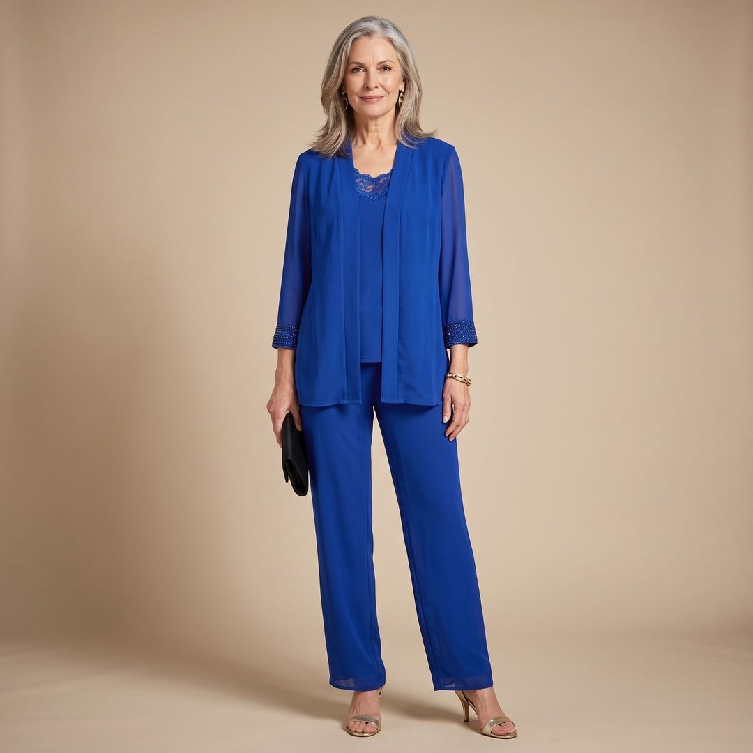 Women's Three-Piece Chiffon Jacket Wide-Leg Pant Two Piece Set