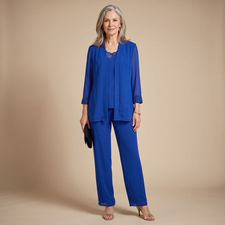 Women's Three-Piece Chiffon Jacket Wide-Leg Pant Two Piece Set