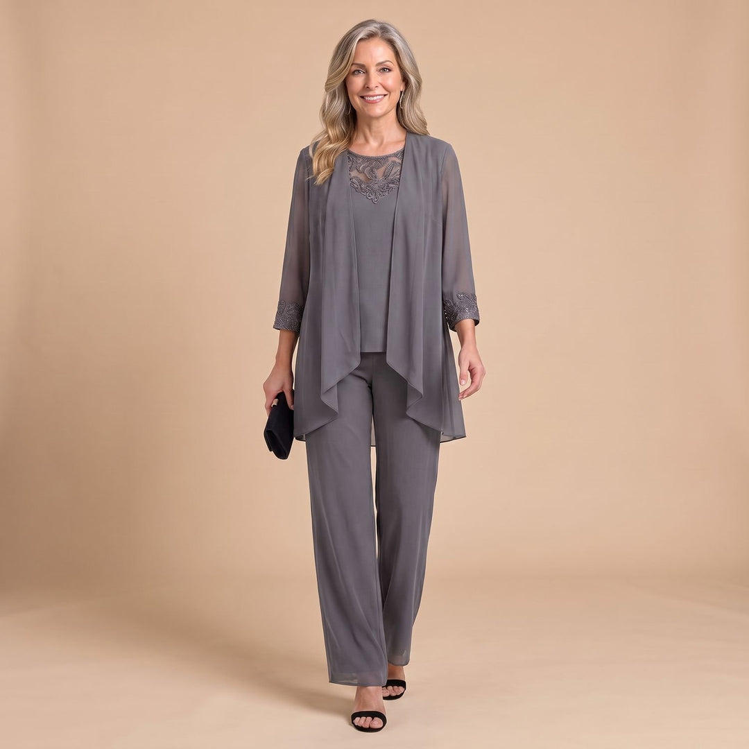 Women's Three-Piece Chiffon Jacket Wide-Leg Pant Two Piece Set - Gray