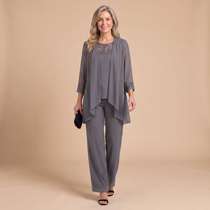 Women's Three-Piece Chiffon Jacket Wide-Leg Pant Two Piece Set - Gray