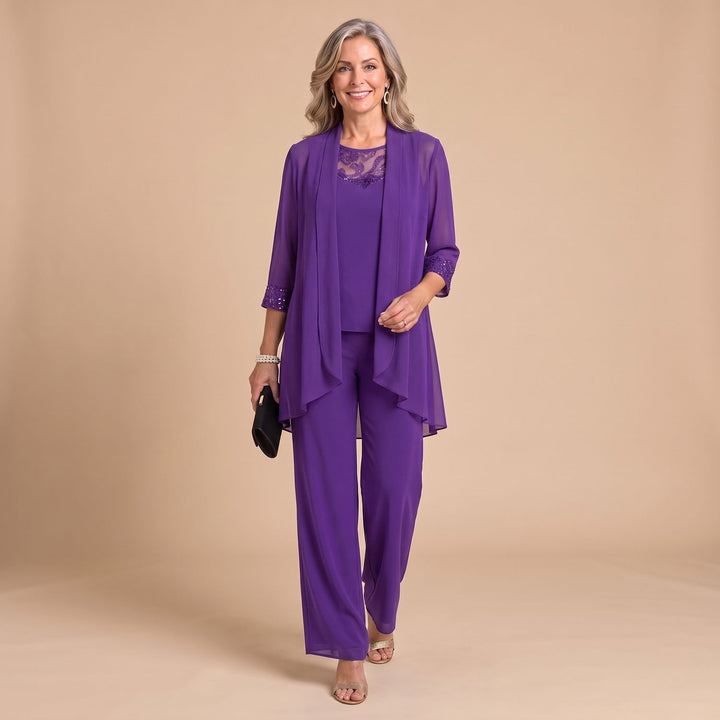 Women's Three-Piece Chiffon Jacket Wide-Leg Pant Two Piece Set - Purple