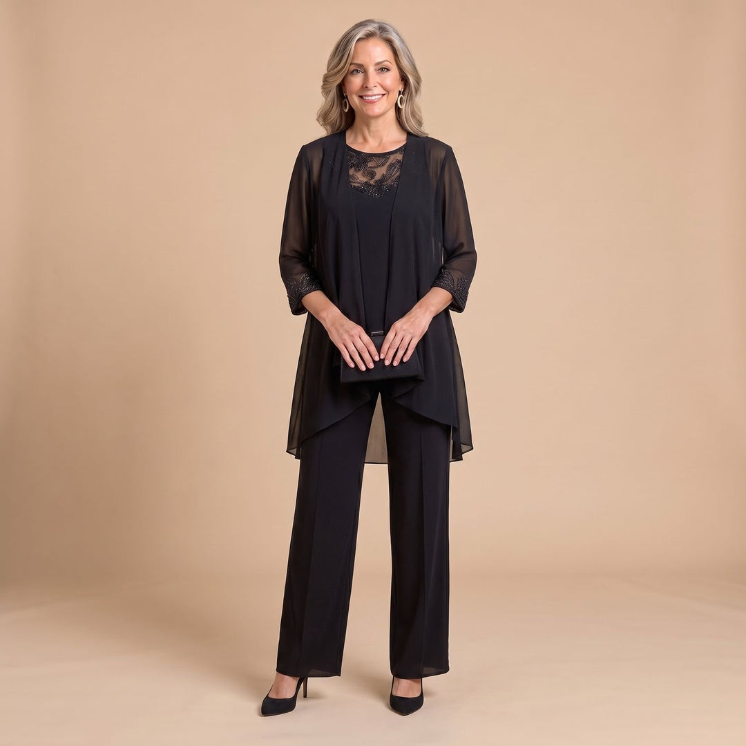 Women's Three-Piece Chiffon Jacket Wide-Leg Pant Two Piece Set - Black