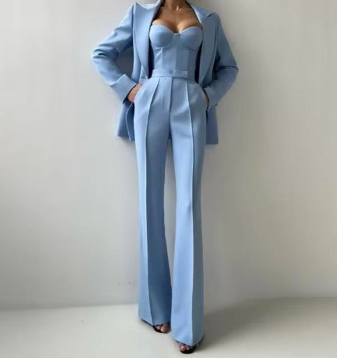 Women's Three-Piece High-Waist Flare Blazer Set Corset Top - Blue