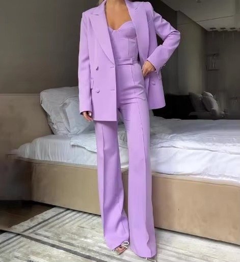 Women's Three-Piece High-Waist Flare Blazer Set Corset Top - Purple