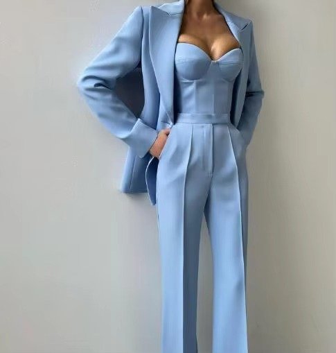 Women's Three-Piece High-Waist Flare Blazer Set Corset Top