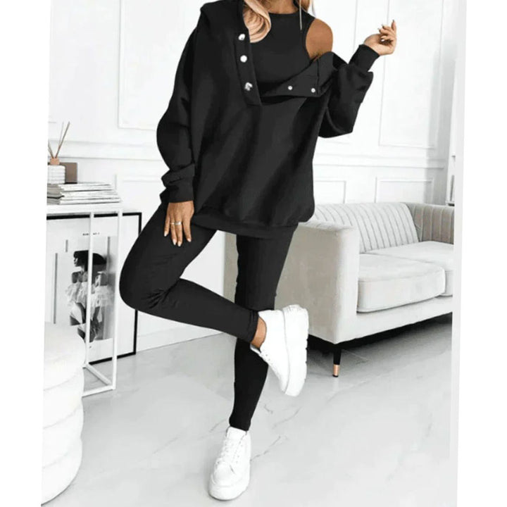 Women's Three-Piece Hooded Lounge Winter Set Jogger Tracksuit - Black