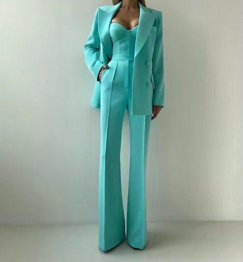 Women's Three-Piece Single-Button Blazer Set with Sweetheart Corset Top - Green